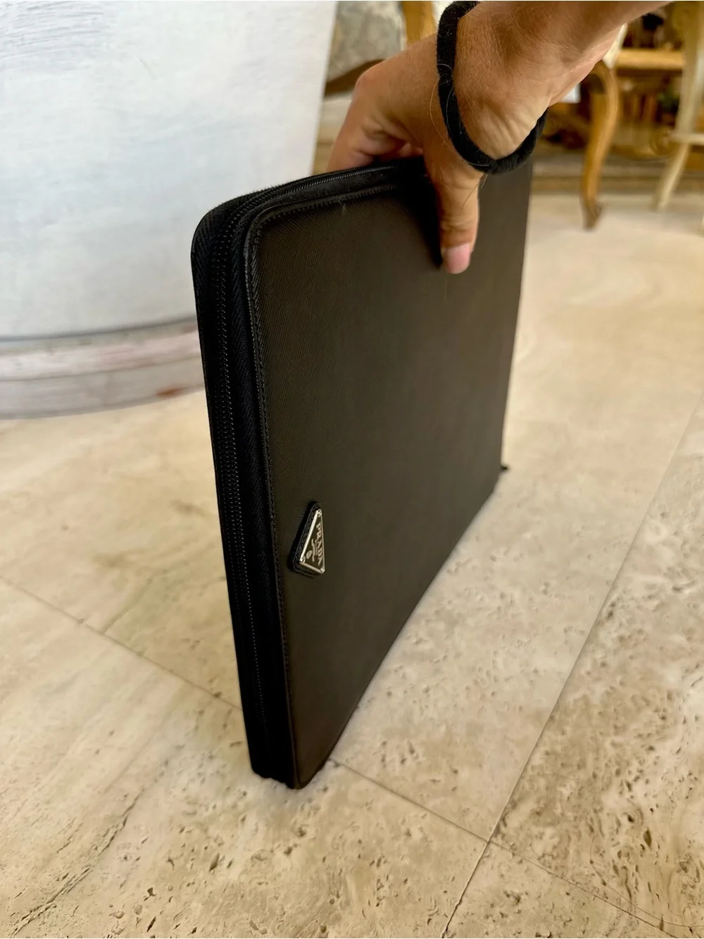 Prada Saffiano Black Leather Zip-around Document Holder in Pristine Condition